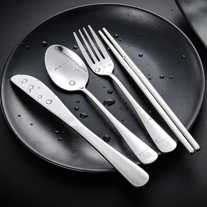 Boulder Bee Travel Utensils Set | Reusable Camping Cutlery Set | Stainless Steel Flatware Set | Portable Silverware Set with Case | Includes Knife/Fork/Spoon/Chopsticks/Cleaning Cloth/Case (Sliver) - Image 2